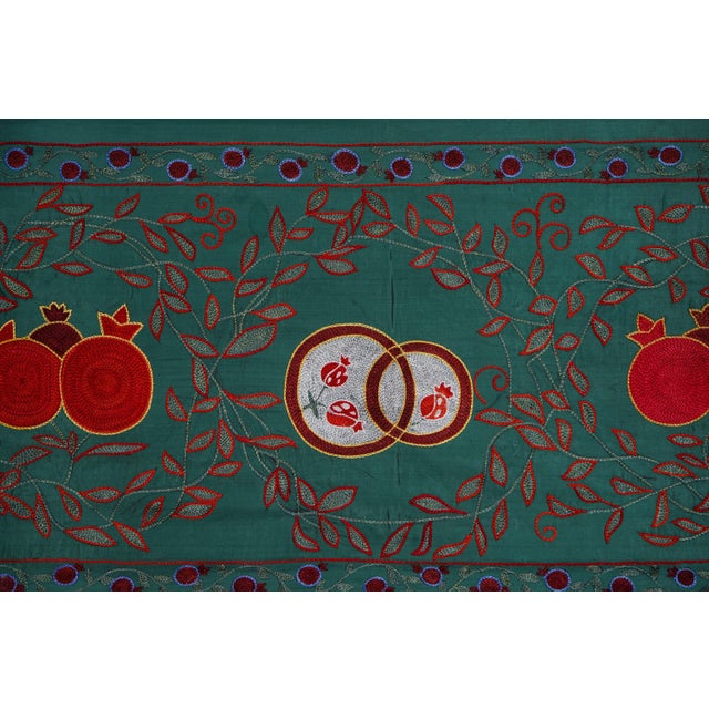 Dark Green Green Uzbek Suzani Table Runner – Red Pomegranate Motif 1'7'' X 6'2'' For Sale - Image 8 of 11