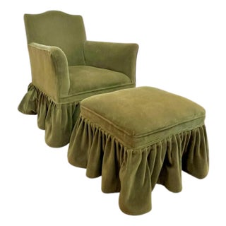 Vintage English Georgian Style Moss Green Armchair and Ottoman For Sale