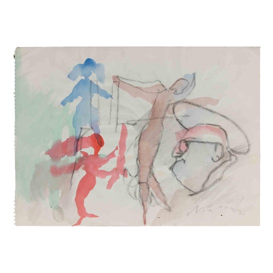 Mino Maccari, Bad Dreams, Charcoal and Watercolor Drawing, 1960s For Sale