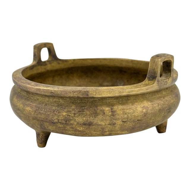 Antique Bronze Censer Incense Burner – Squat Form, Loop Handles, 3 Peg Feet For Sale