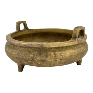 Antique Bronze Censer Incense Burner – Squat Form, Loop Handles, 3 Peg Feet