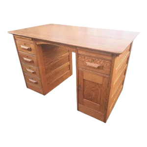 Handcrafted Solid Oak Partners Desk Writing Desk on Wheels, Circa 1960