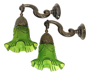 Art Nouveau Brass Wall Lamps with Green Glass Shades, 1940s, Set of 2