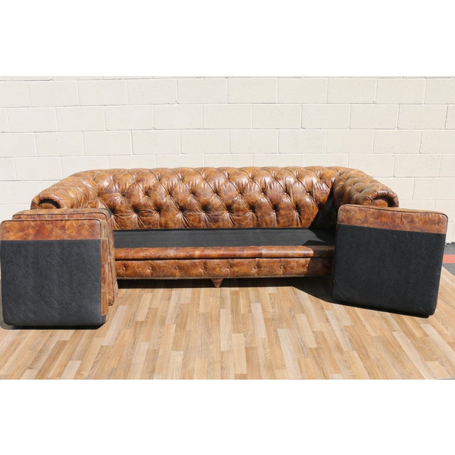 Industrial Distressed Brown Leather Chesterfield Sofa – Three Seat Tufted Sofa With Nailhead Trim & Casters For Sale - Image 14 of 18