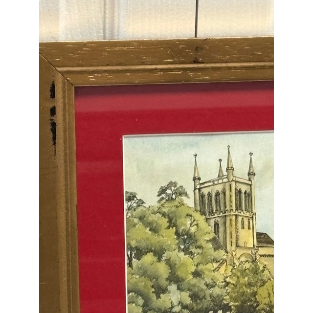 English Vintage Framed Signed English Village Scene Pershore Abbey and Almonry For Sale - Image 3 of 7
