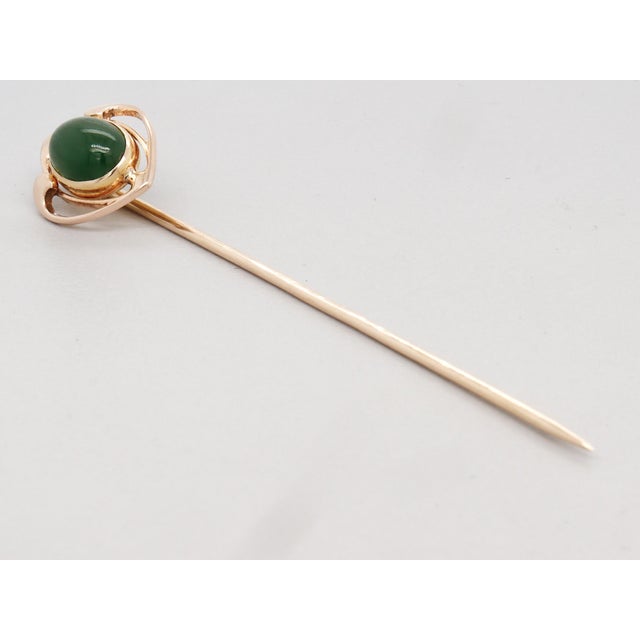Signed Krementz 14k Gold & Nephrite Jade Cabochon Art Deco Stickpin For Sale - Image 9 of 13