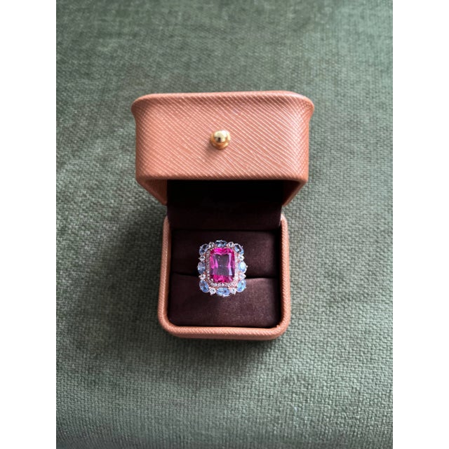 Bochic “Capri” Emerald Shape Pink Topaz & Tanzanite Ring Set 18K Gold & Silver For Sale - Image 10 of 12
