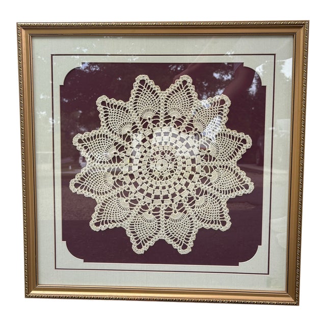 Extra Large 1950s Vintage Framed Crochet Needlework Lace Flower Shaped Doily For Sale