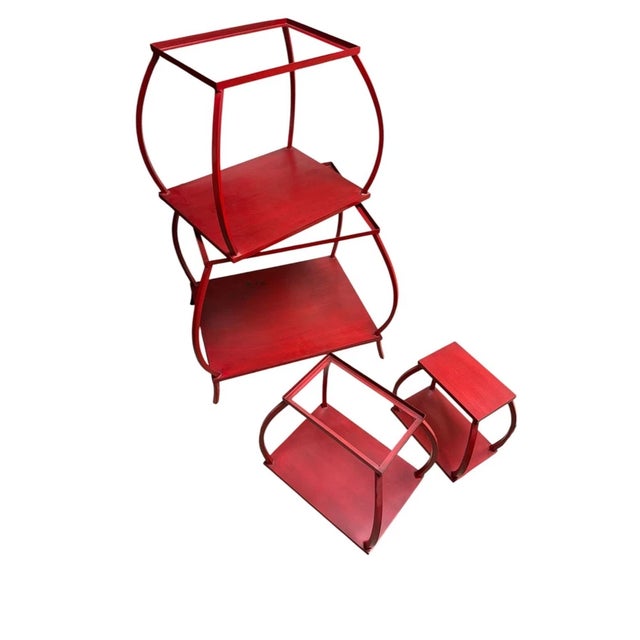 Vintage Chinoiserie Red Metal Pagoda Etagere For Sale - Image 4 of 8