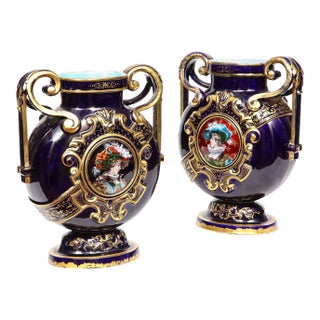 Pair of Late 19th Century Cobalt Blue Porcelain and Limoges Enamel Portrait Vases For Sale