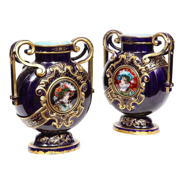 Pair of Late 19th Century Cobalt Blue Porcelain and Limoges Enamel Portrait Vases For Sale