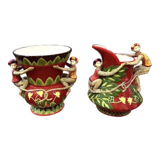 Vintage Majolica Monkey Vase and Pitcher Set For Sale