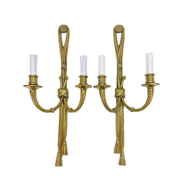19th Century Louis XVI Style Knot and Tassel Candle Wall Lights, Set of 2 For Sale - Image 3 of 18