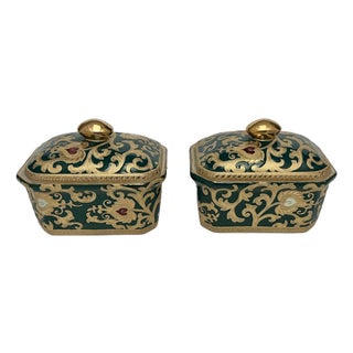 Vintage Green & Gold Chinoiserie Porcelain Boxes — Pair For Sale