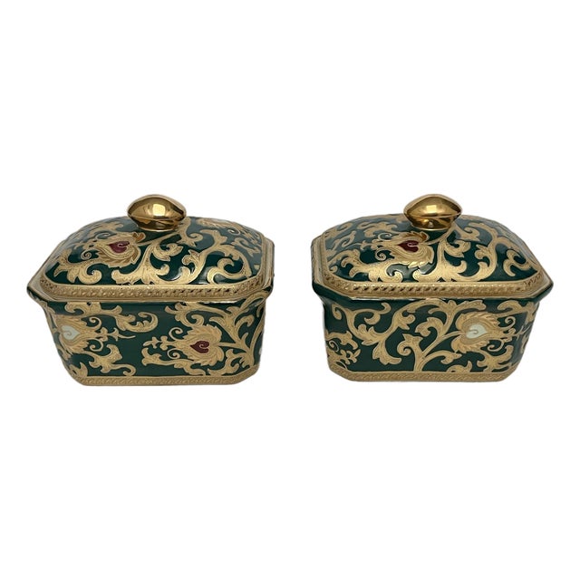 Vintage Green & Gold Chinoiserie Porcelain Boxes — Pair For Sale