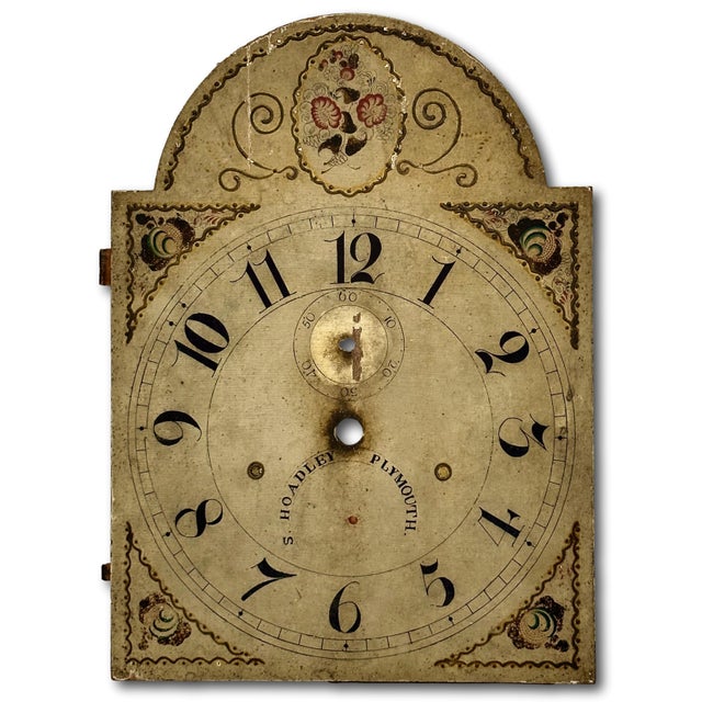 Antique American Hand Painted Wood Grandfather Clock Dial by Connecticut Maker Silas Hoadley - Circa Very Early 1800s For Sale In Boston - Image 6 of 18