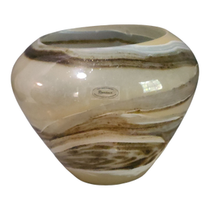 Vintage Romanian Earth Tone Sand Swirl Art Glass Hand Blown Rose Bowl Vase Original Label