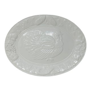 Large Vintage Portuguese White Majolica Turkey Platter - High Relief Harvest 19" For Sale