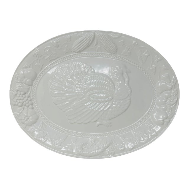 Large Vintage Portuguese White Majolica Turkey Platter - High Relief Harvest 19" For Sale