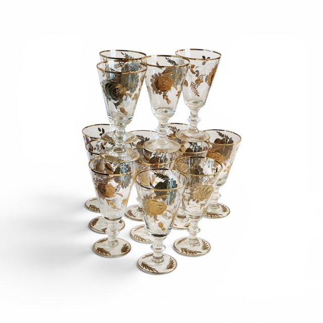 1960s 1960s Set of 14 24k Gold Encrusted Crystal Claret Wine Glasses For Sale - Image 5 of 13
