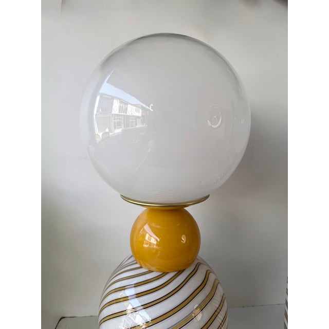 Brass Contemporary Pair of Brass and Berlingo Stripe Murano Glass Lamps, Italy For Sale - Image 8 of 11