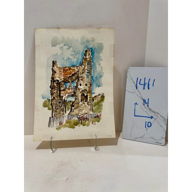 Paper Henry Emil Salloch Original Watercolor on Paper Castle Ruins With Cow, 1966. For Sale - Image 7 of 7