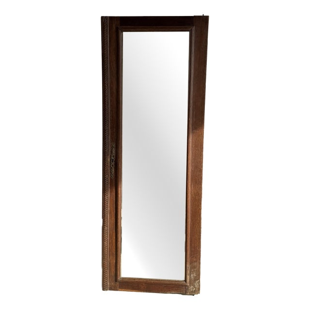 Antique Mirror for Right-Hand Cabinet Door in Brown Oak with Beveled Glass and Carved Frame, 1980s For Sale