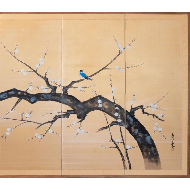 Japanese 1960s Large Shōwa Era Japanese Silk Byobu Screen "Flycatcher and Sakura" For Sale - Image 3 of 18