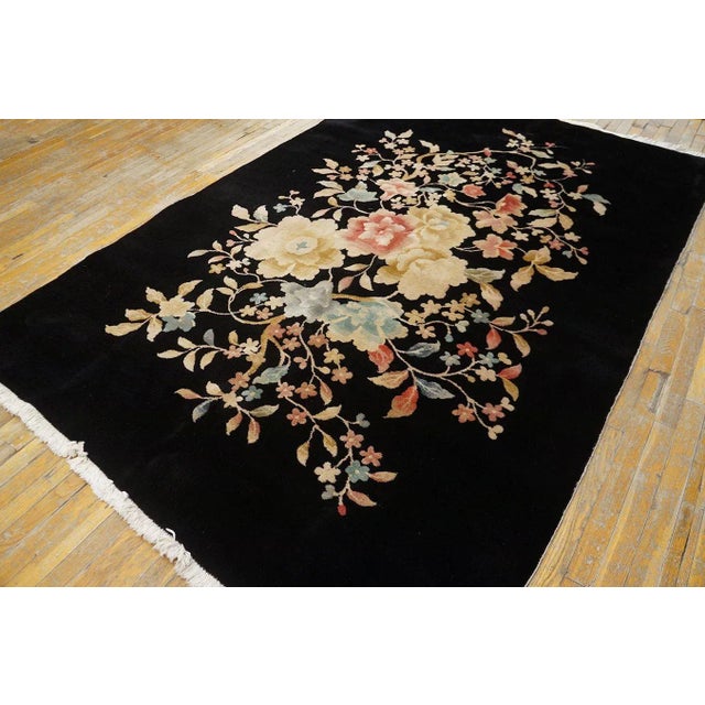 Art Deco 1920s Black Floral Antique Chinese Art Deco Carpet 5'9" X 8'6" by Nichols Workshop Knotted Wool Rug For Sale - Image 3 of 12