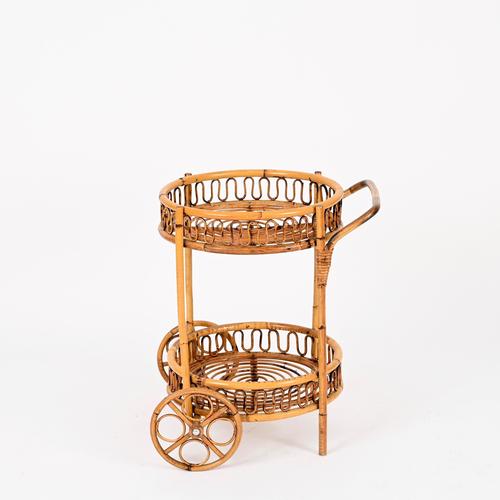 Franco Albini Mid-Century Modern French Riviera Bamboo and Rattan Round Bar Cart by Franco Albini, 1960s For Sale - Image 4 of 11