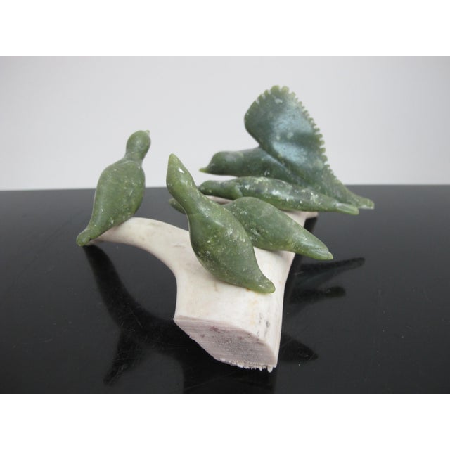 Coastal Canadian Native Inuit Carved Green Stone Birds on Antler by Tr McPhee For Sale - Image 3 of 7