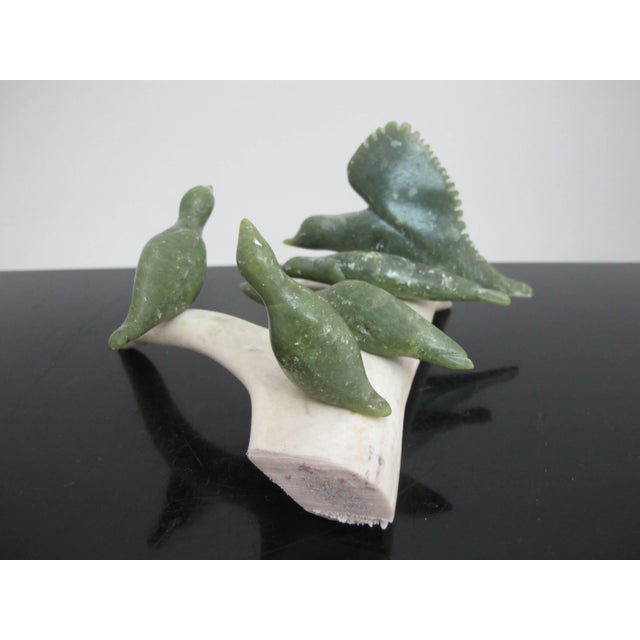 Coastal Inuit Canada Native Carved Stone Birds Perched on Antler Branch by Tr McPhee For Sale - Image 3 of 7