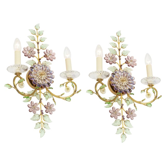 Large Gorgeous Flower Sconces Gilt Faceted Crystal Glass Bagues from Palwa, 1970s, Set of 2 For Sale