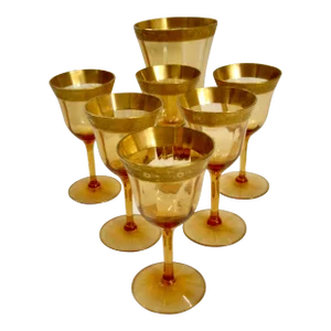 1940s Amber & Gold Cordial Stems & Large Goblet Set- 7 Pieces