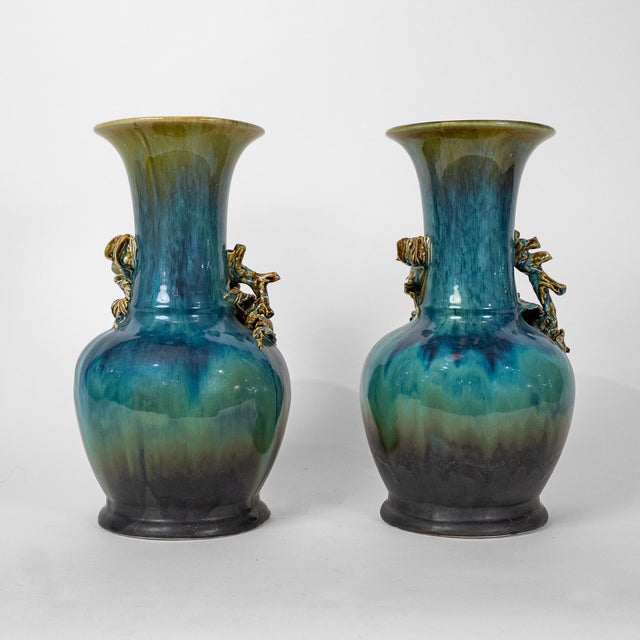 1970s Pair of Indonesian Sculptural Ceramic Vases With Applied Floral Decoration For Sale - Image 5 of 10