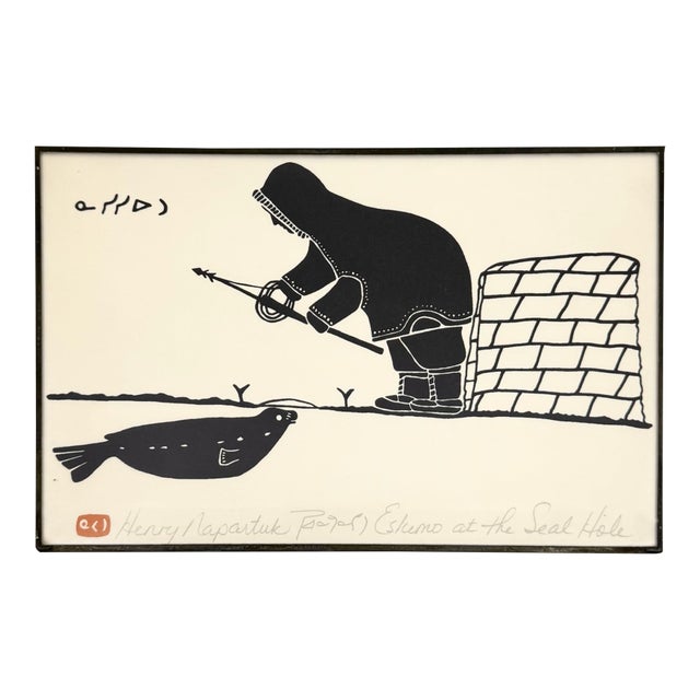 Vintage Inuit Print “Eskimo at the Seal Hole” by Henry Napartuk, Signed For Sale