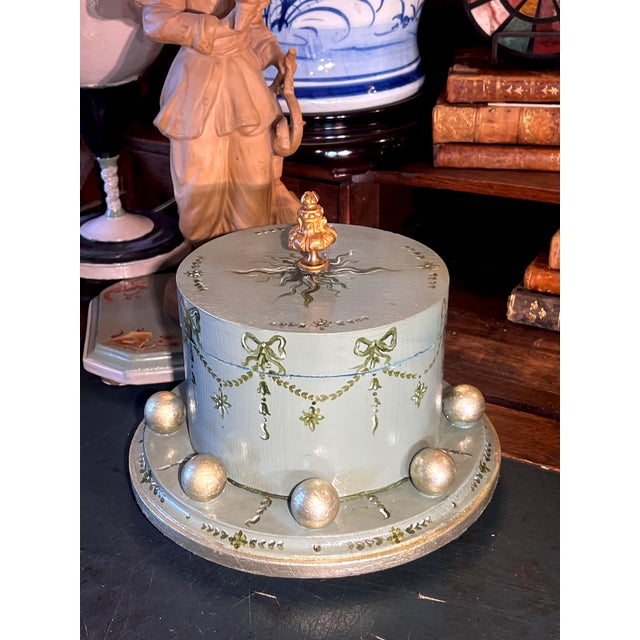 Regency Style Handpainted & Gold Gilded Decorative Green Cylindrical Box With Velvet Interior For Sale In Palm Springs - Image 6 of 8