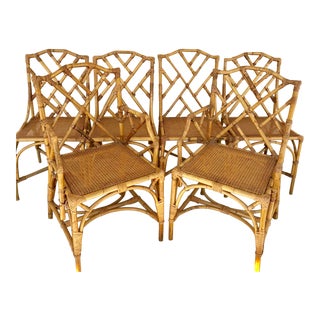 Chinese Chippendale Bamboo Rattan Dining Chairs - Set of 6 For Sale