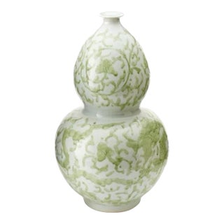 Large 24" Chinoiserie Celadon Porcelain Dragon & Lotus Double Gourd Floor Vase For Sale