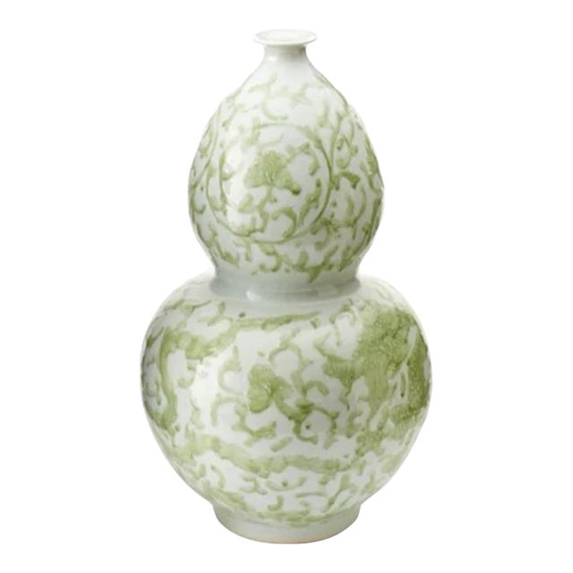 Large 24" Chinoiserie Celadon Porcelain Dragon & Lotus Double Gourd Floor Vase For Sale