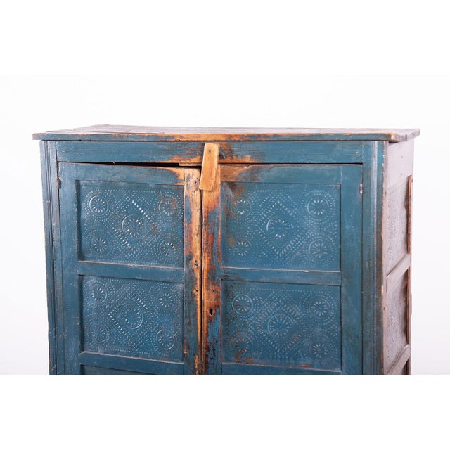 Farmhouse Antique American Rustic Punch Tin Pie Safe With Distressed Blue Paint For Sale - Image 3 of 13