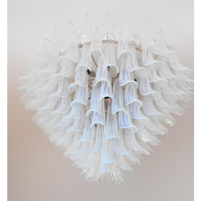 Italian chandelier shown with iridescent opaline Murano glass petals mounted on chrome finish frame / Designed by Fabio...