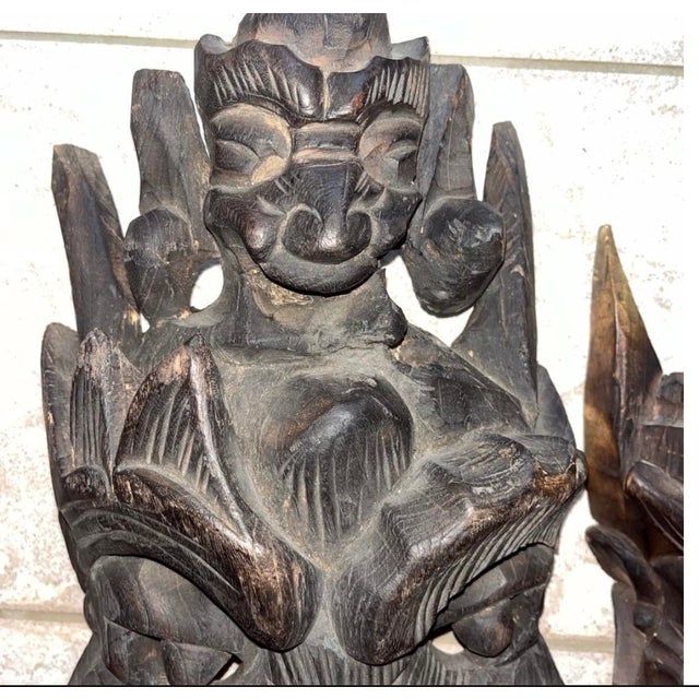Asian Vintage or Antique Hand-Carved Asian Wooden Guardian or Demon Masks, Often Featuring Stacked or Multi-Tiered Faces With Fierce For Sale - Image 3 of 14
