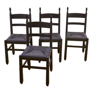 Black Wooden and Straw Chairs, 4 pieces For Sale