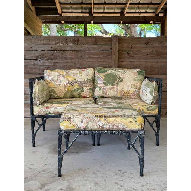 A highly versatile vintage faux bamboo aluminum seating arrangement, designed to function as a pair of lounge chairs with...