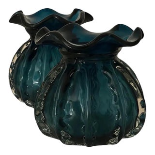 Undulating Cerulean Blue Art Glass Vessels – A Pair For Sale