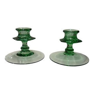 Mid 20th Century Fostoria Uranium Green Depression Glass Candlesticks- a Pair For Sale