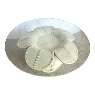 Coastal Flower Rattan and Reed Bell Flower Glass Top Dining Table For Sale