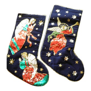 2000 - 2009 NWT World Bazaar Velvet Angel Christmas Stockings Set of 2 Sequins Beading For Sale