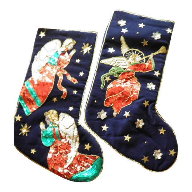 2000 - 2009 NWT World Bazaar Velvet Angel Christmas Stockings Set of 2 Sequins Beading For Sale